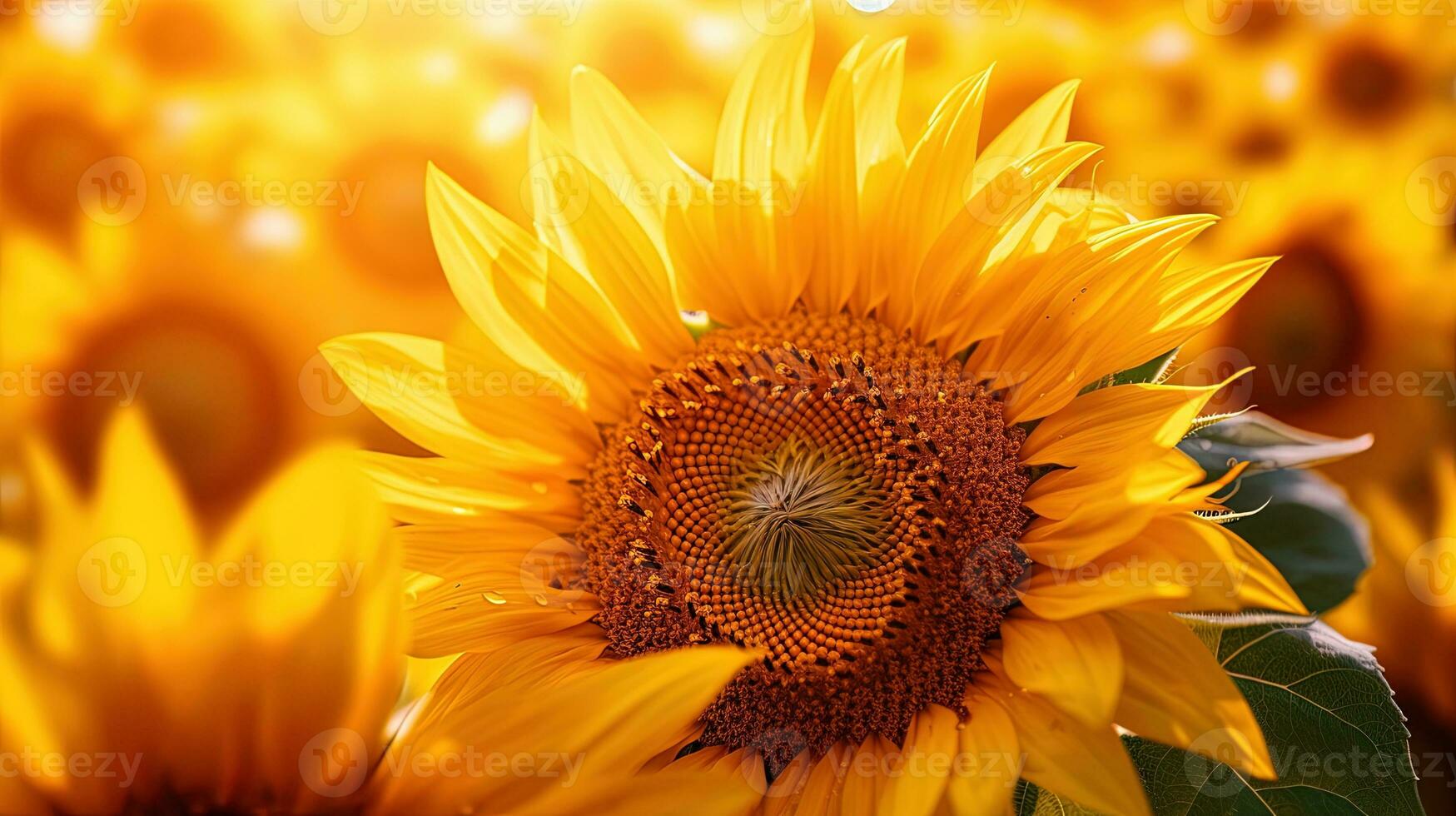 Close-up of a sunflower in a sunflower field, generated by AI photo