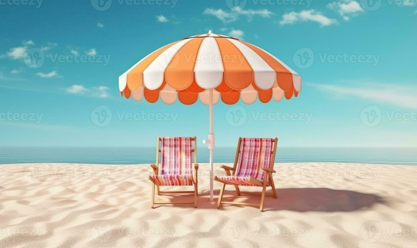 Tropical with umbrella landscape of the beach. Vacation on a beautiful island. Palm trees, sand, ocean.Created with generative AI tools photo