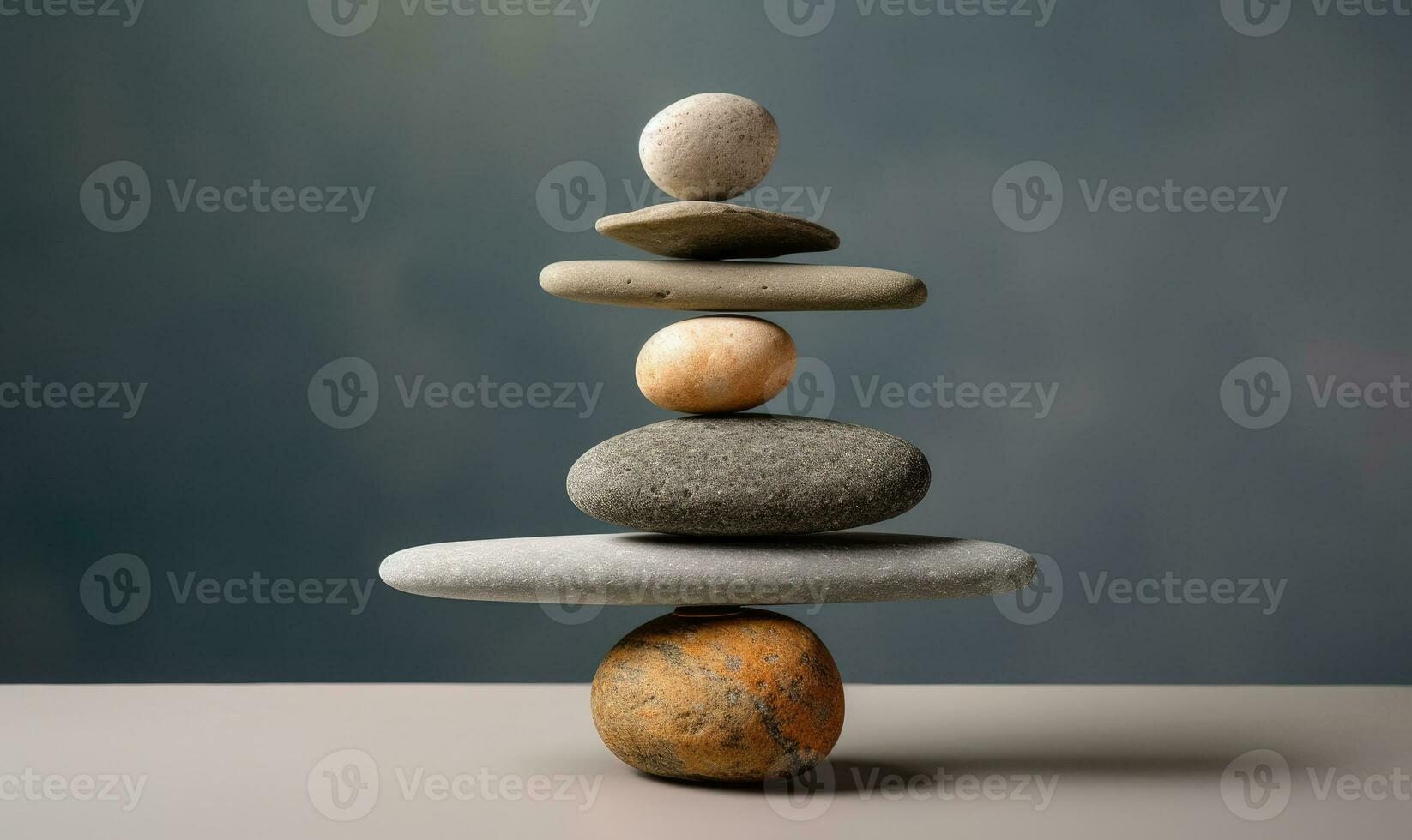 Stones of balance. Pebbles pyramid on gray background. For banner, postcard, book illustration. Created with generative AI tools photo