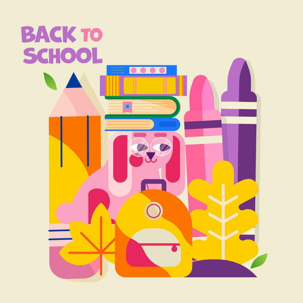 Illustration Back to School. Modern, bright, design with a variety of school supplies and a cute bunny. This design will make your advertisement, invitation, banner or poster stand out. vector
