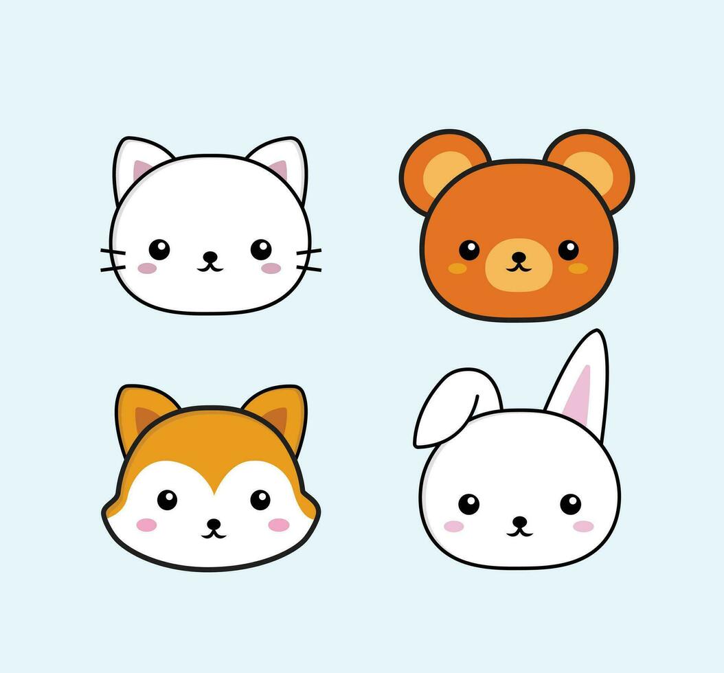 Set of cartoon cute animal faces. Vector illustration