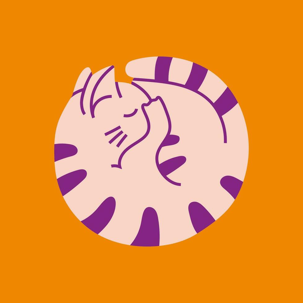 Sleepy cat curled up, cartoon style. Vector illustration, flat design.