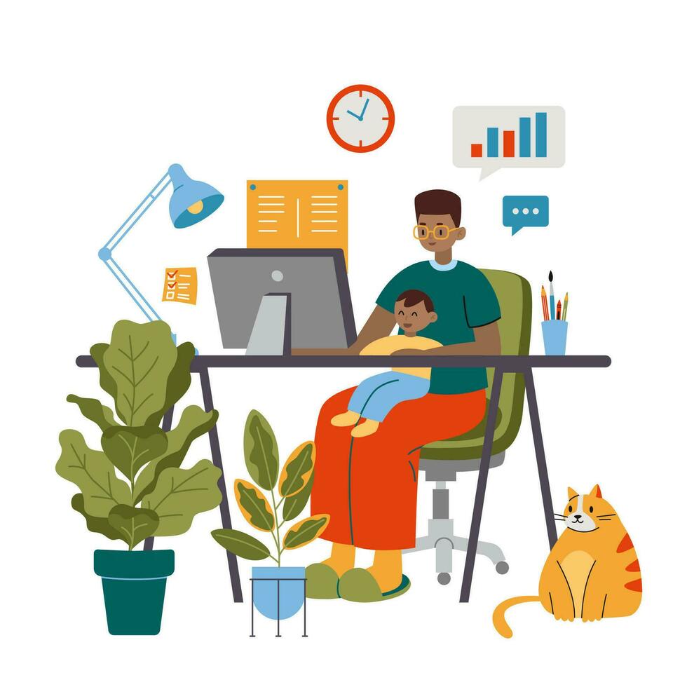 African American man freelancer with child, cartoon style. Father holding his infant baby and working on computer at home. Parenthood and career. Trendy modern vector illustration, flat