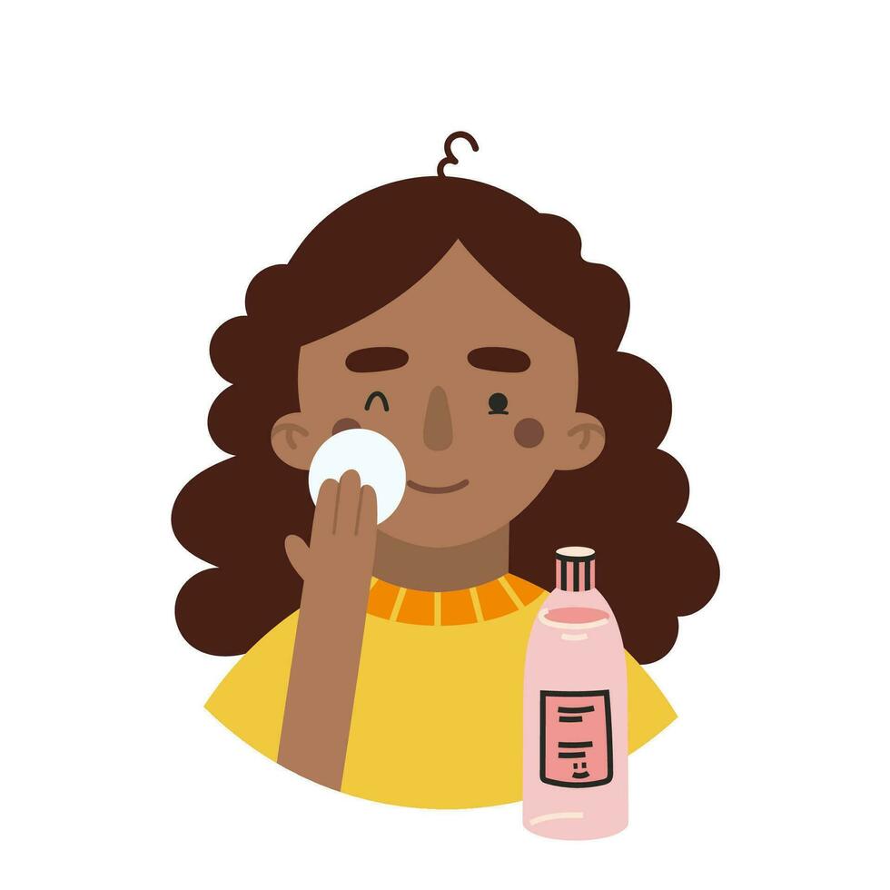African American girl applies toner, face skin care routine, cartoon style character vector