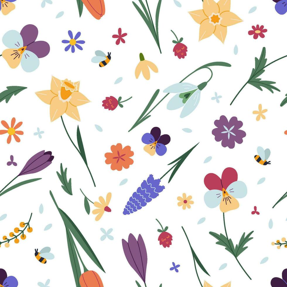 Seamless pattern with various spring flowers, floral design on white background, cartoon style. Trendy modern vector illustration, hand drawn, flat