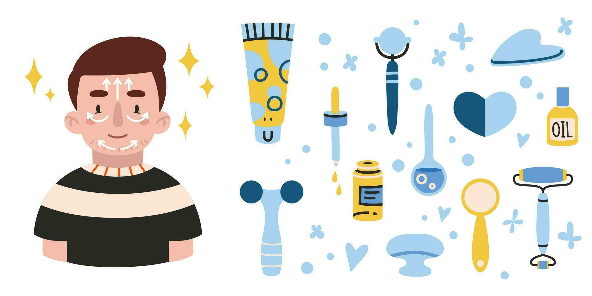 Facial massage set, cartoon style. Boy and face rollers, gua sha massager. vector