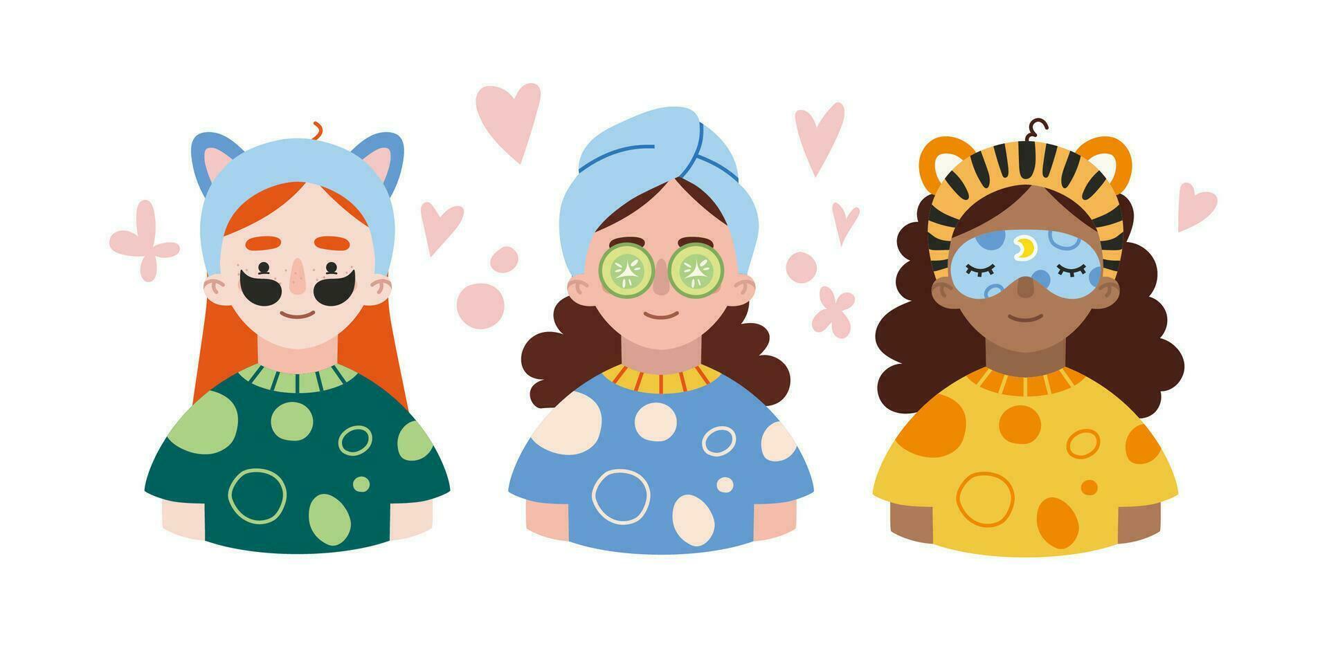 Multi ethnic women apply skincare products. Diverse girl with cute animal ears, towel, eye patches, sleep mask, cucumber mask. vector