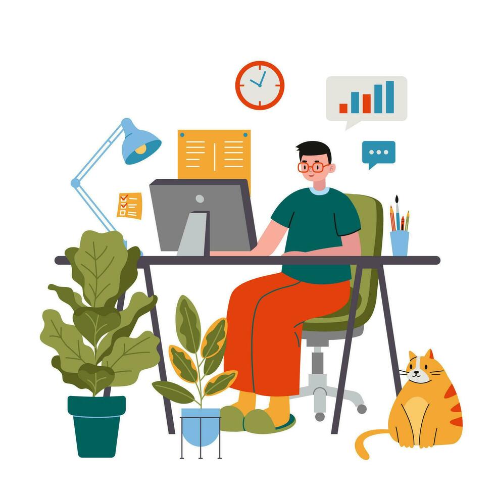 Business man working on computer at the desk, cute cozy home workplace, cartoon style. Online career, self employed concept.  Trendy modern vector illustration, flat