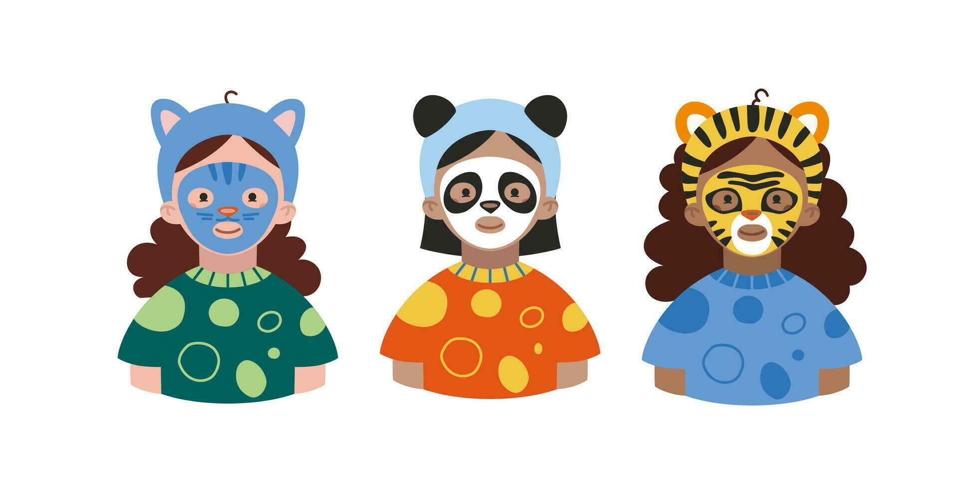 Girls in face masks. Diverse girls with cute animal ears and sheet masks. vector