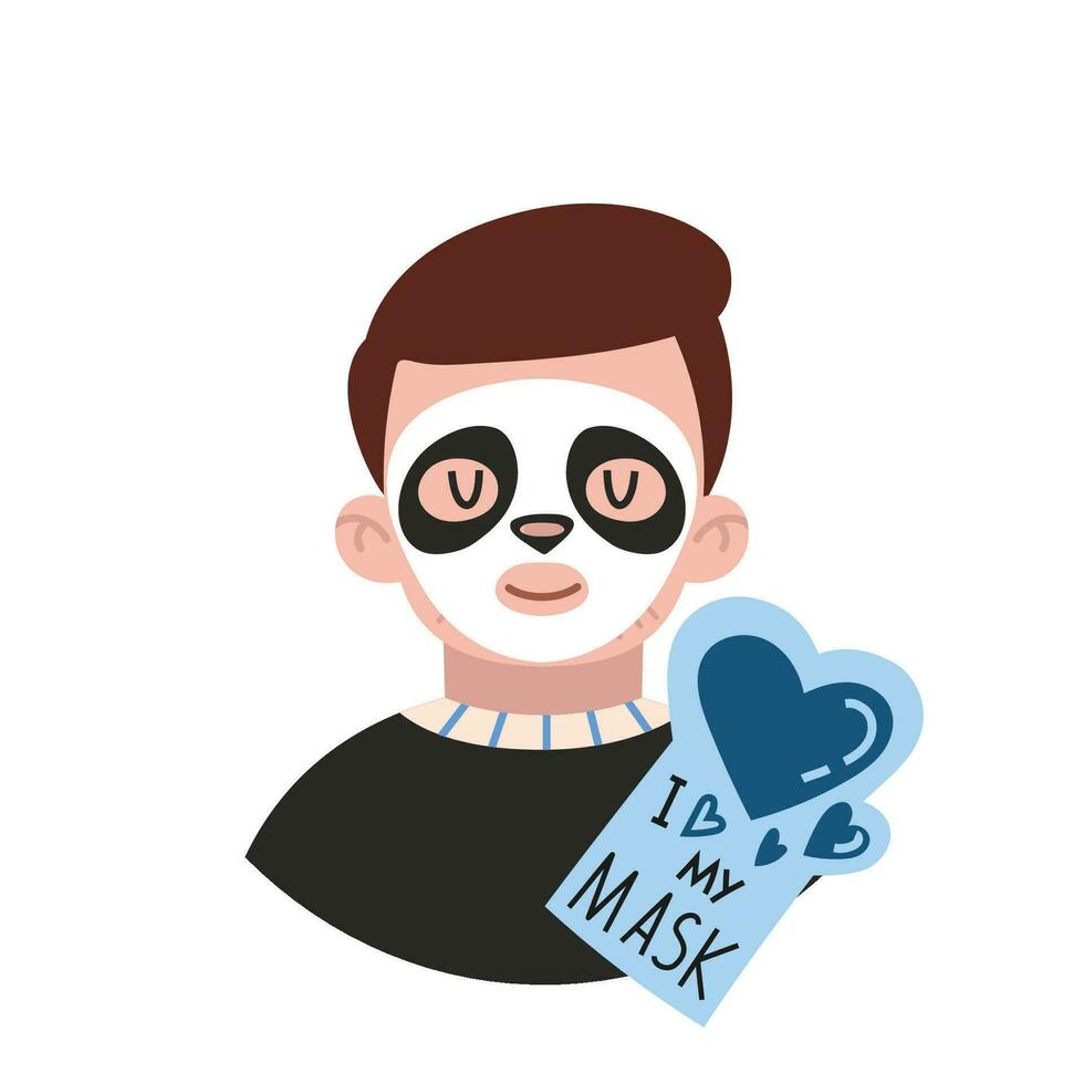 Boy applies sheet mask, face skin care routine, cartoon style character vector