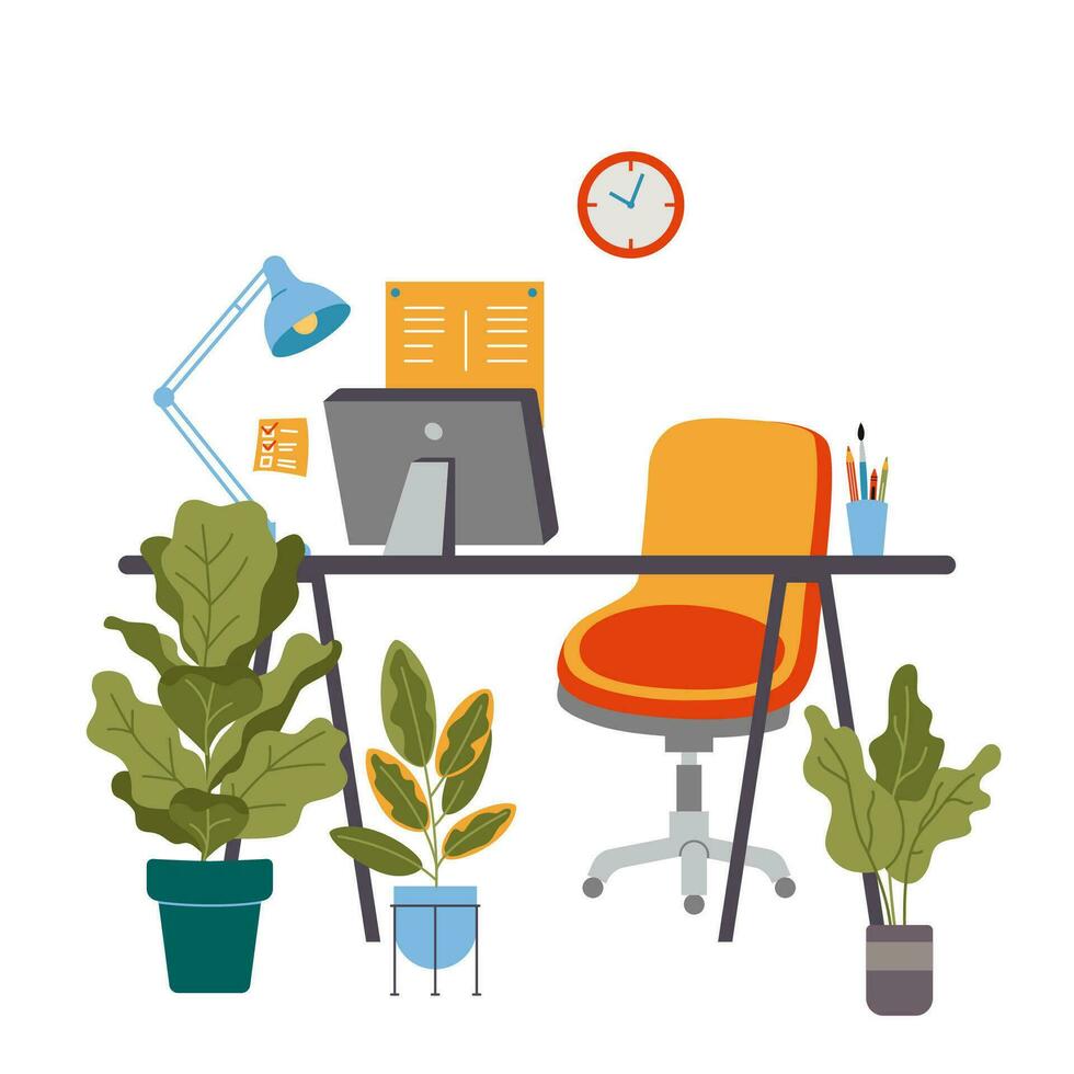 oficina o hogar lugar de trabajo con mesa, silla, computadora, casa plantas y lámpara, dibujos animados estilo. de moda moderno vector ilustración aislado en blanco fondo, mano dibujado, plano