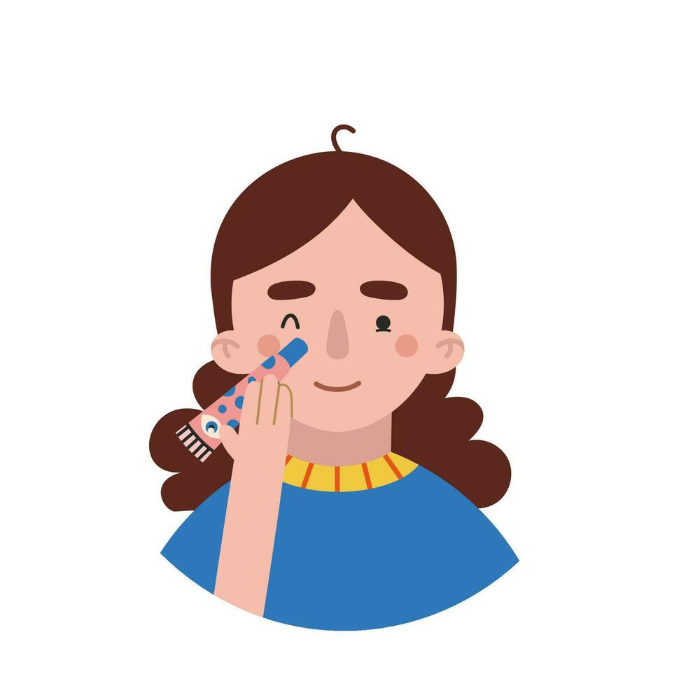 Girl applies eye cream, face skin care routine, cartoon style character vector