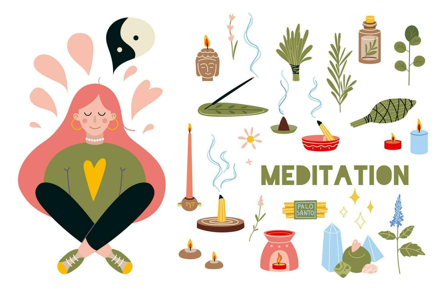 Woman meditating with croosed legs. Meditation practice set. Concept of zen and harmony, relax, recreation, healthy lifestyle. Vector illustration in flat cartoon style.