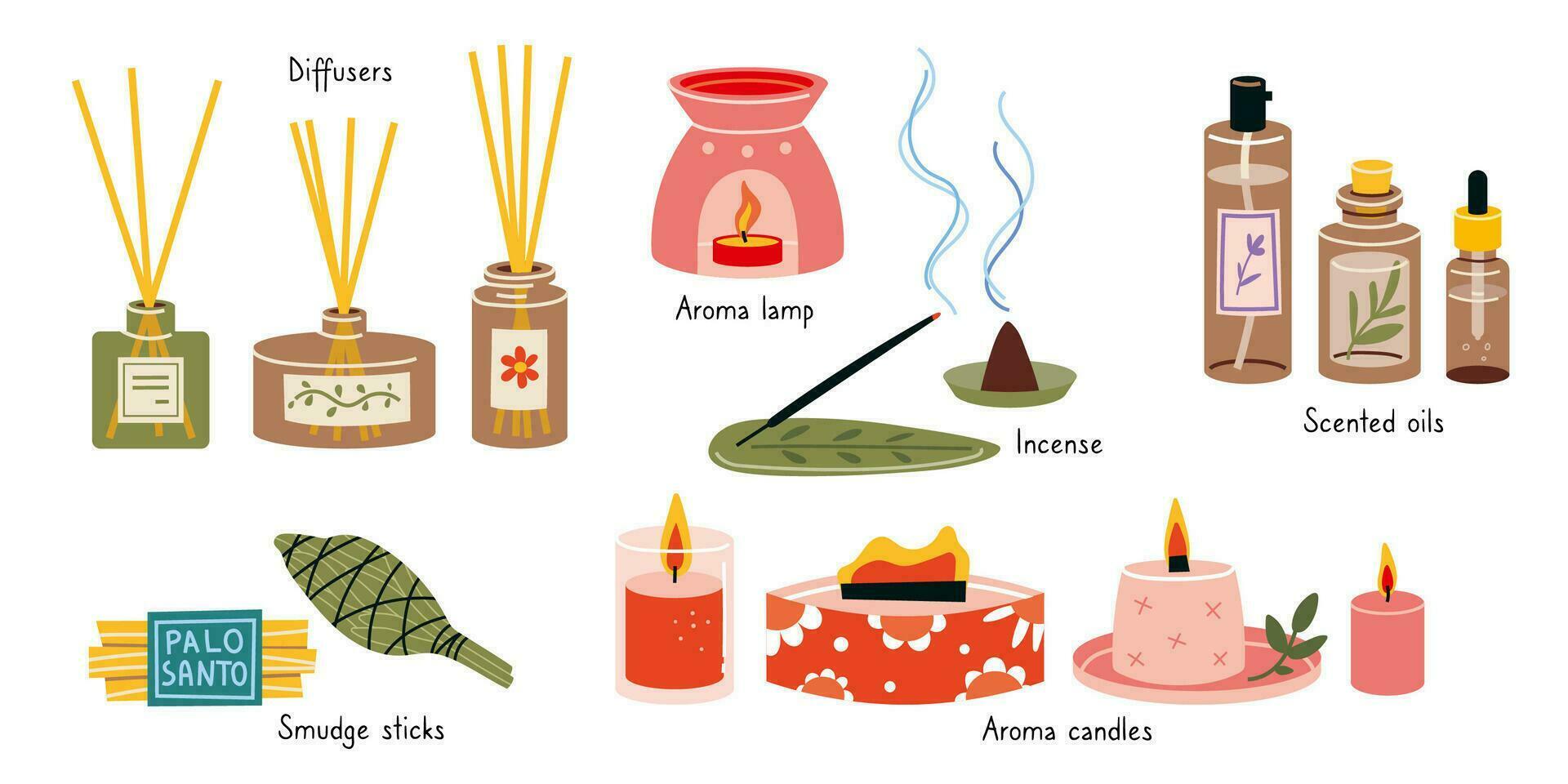 diferente tipos de hogar fragancias aromaterapia colocar, dibujos animados estilo. velas, esencial aceite, aroma difusor, velas, incienso palos, palo santo, sabio. de moda vector