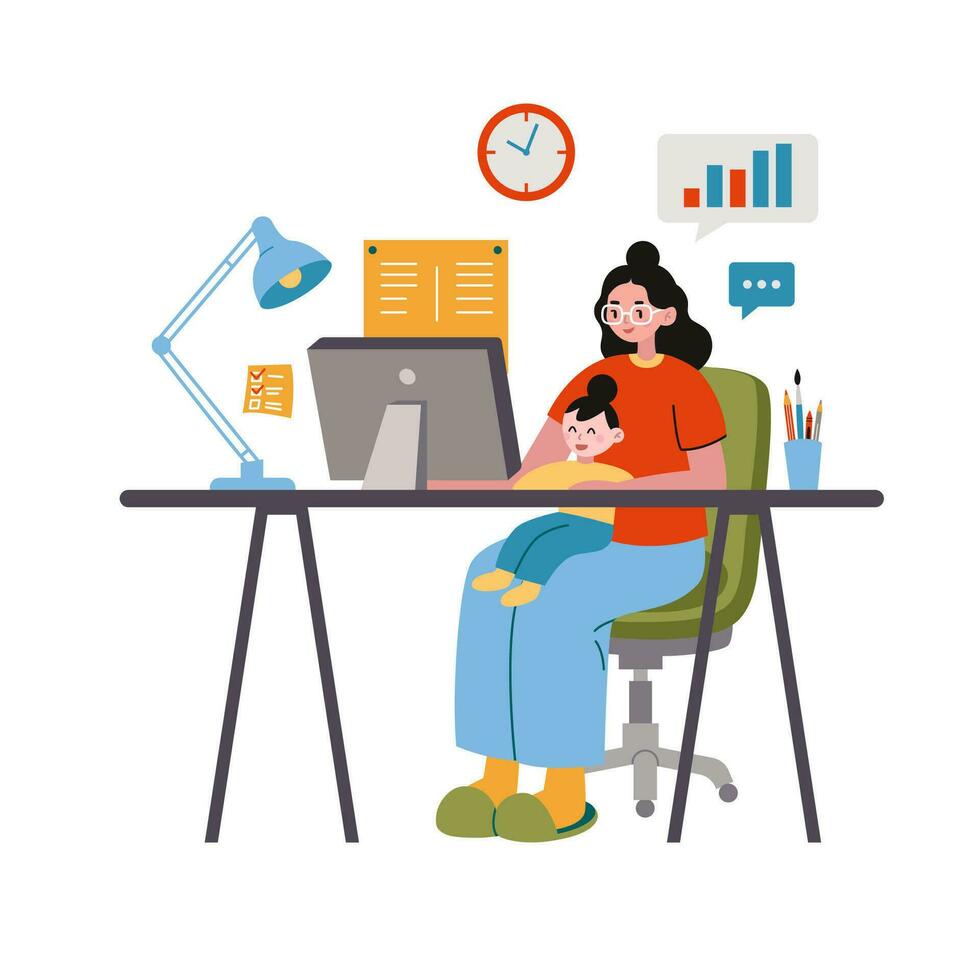 Woman freelancer with child, cartoon style. Business Mom holding her infant baby, sitting at desk and working on computer at home. Maternity and career. Trendy modern vector illustration, flat