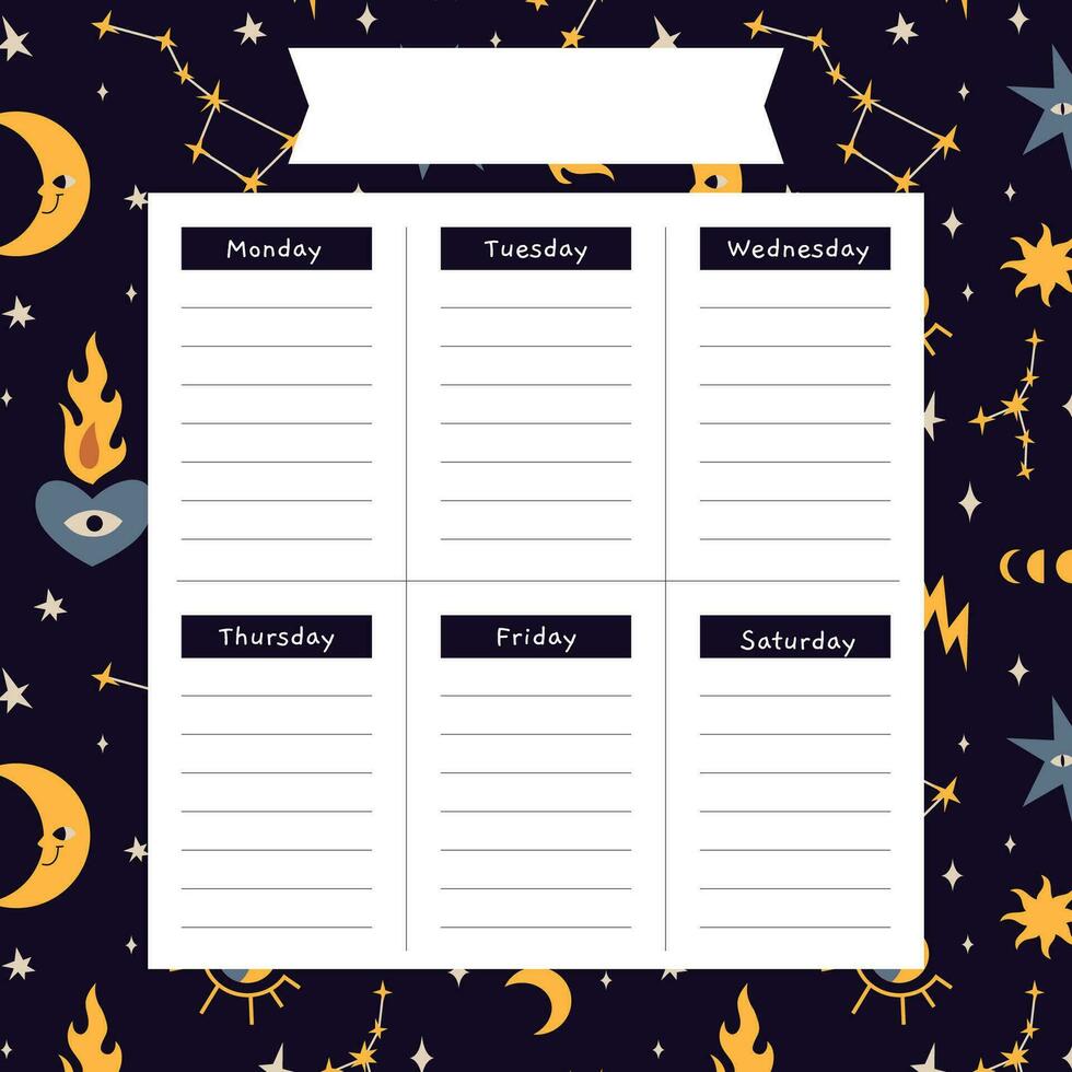 Cute weekly planner background template with Sun and moon, constellations, cartoon style. Space and astrological theme, zodiac. Trendy modern vector illustration, hand drawn, flat