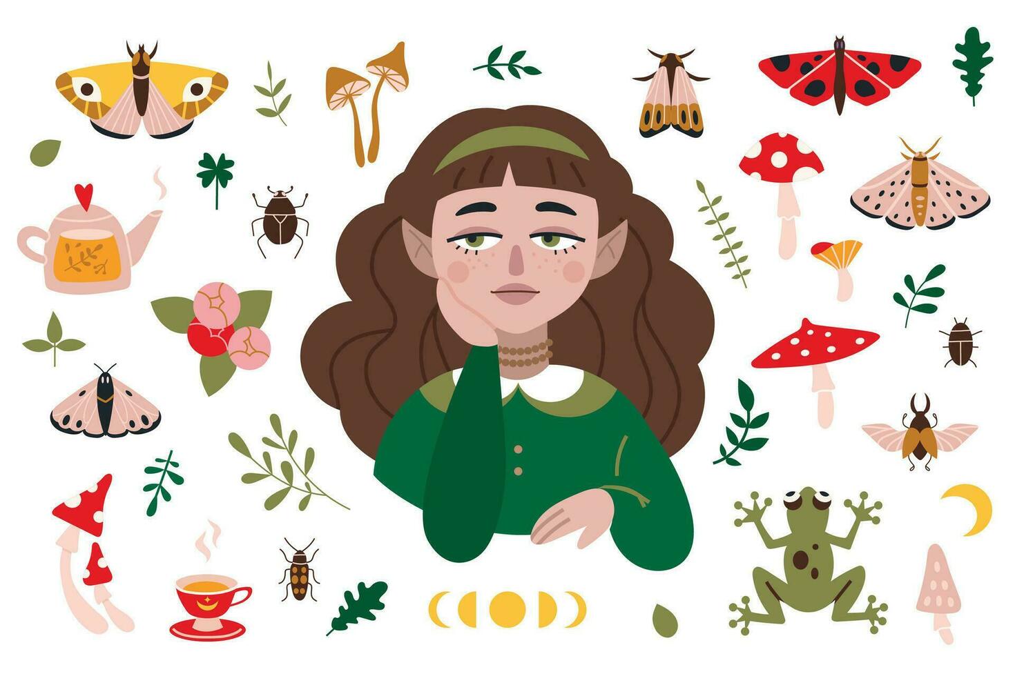 hermosa duende niña y bosque artículos me gusta mariposas, hongos, plantas, dibujos animados estilo. cabaña, goblincore estética. de moda moderno vector ilustración, mano dibujado