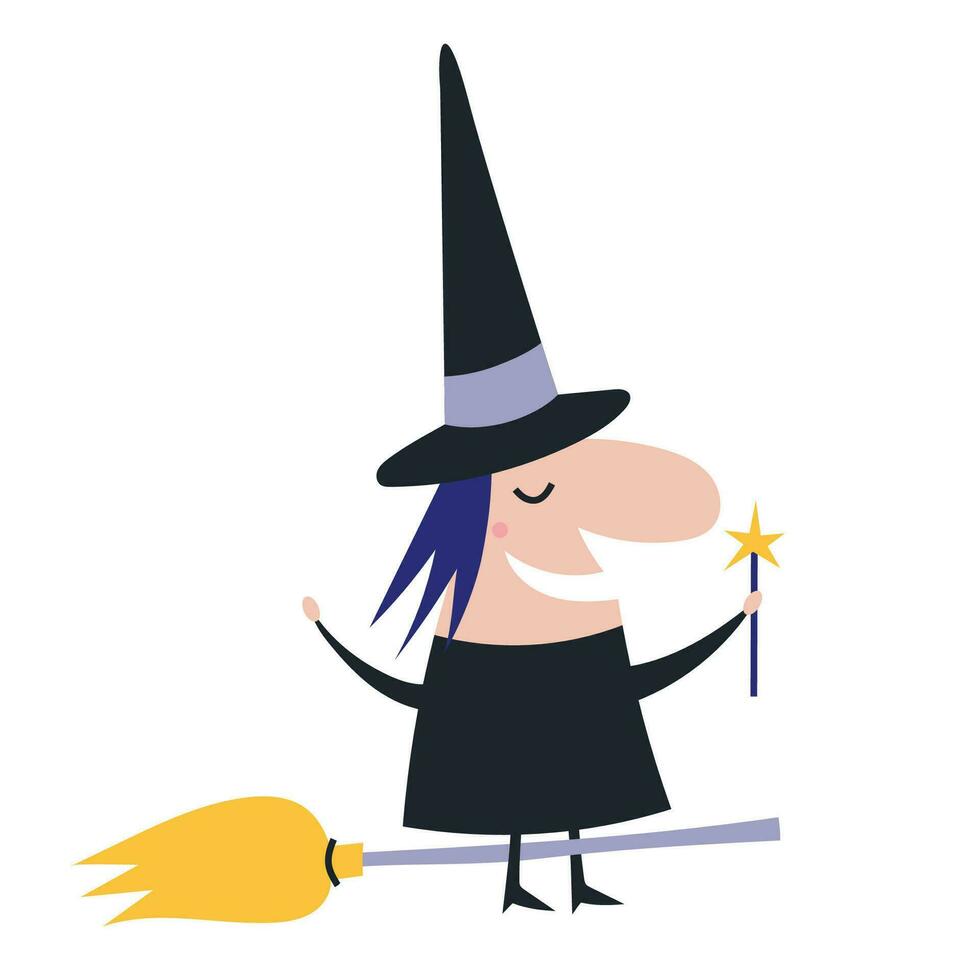 Witch flying on a broomstick, cartoon style. Helloween and magic concept. Trendy modern vector illustration isolated on white background, hand drawn