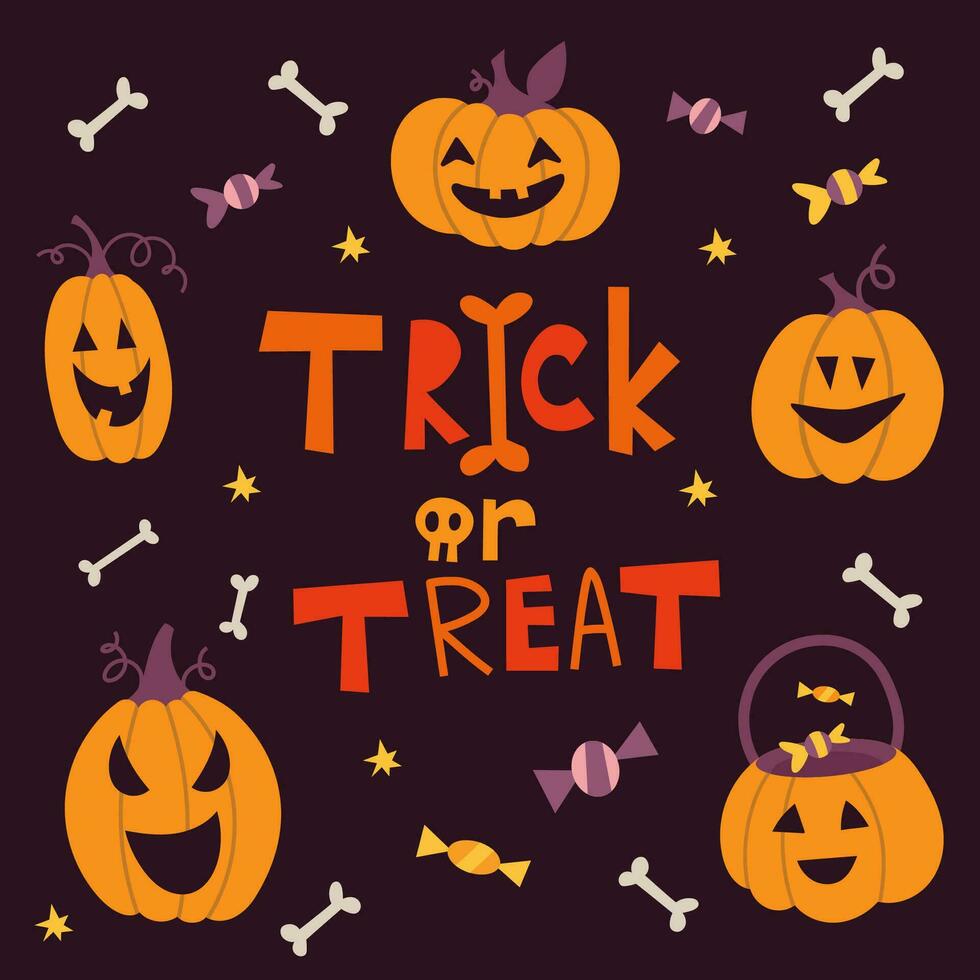 Trick or Treat scary letters with pumpkins and sweets. Happy Halloween. Trendy modern vector illustration, hand drawn