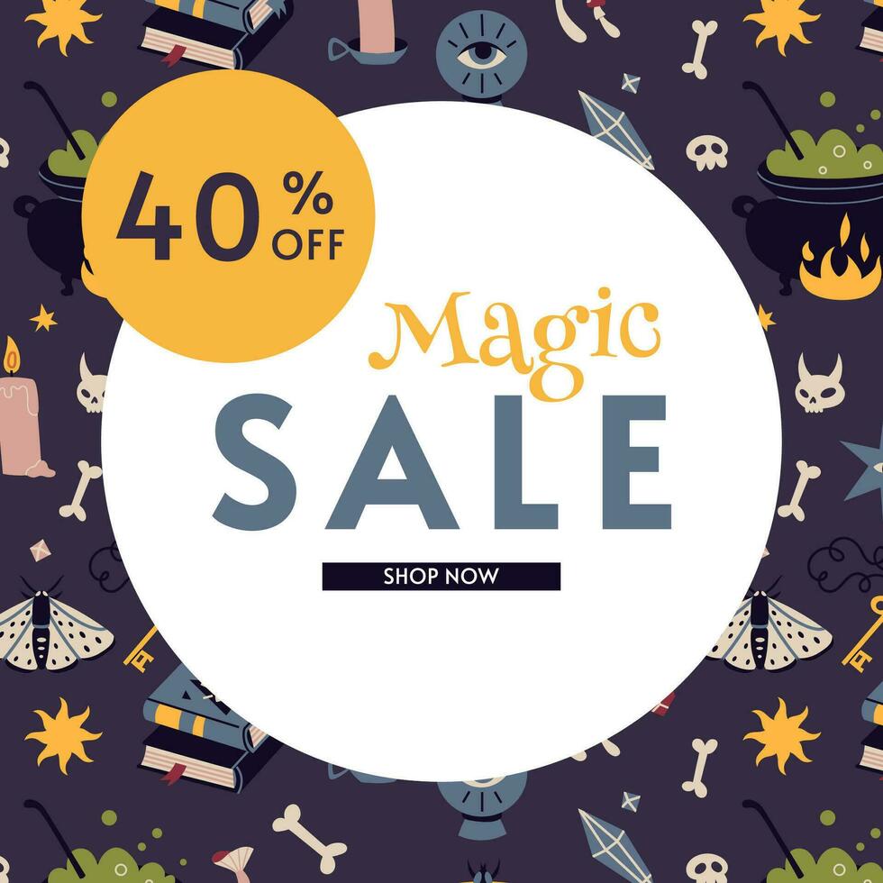 Magic sale 40 p.c. off banner template, cartoon style. Discount promotion layout poster for web or social media, advertising, leaflets and flyers. Trendy vector illustration, hand drawn, flat.