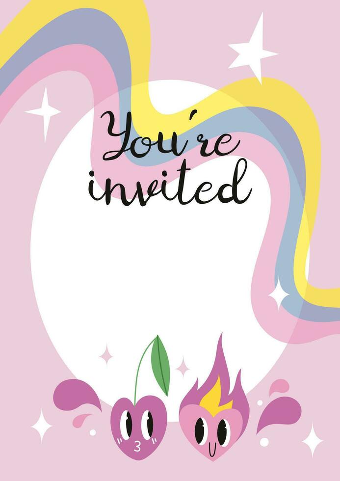 Invitation Card Template, You are invited, with funny comic cute characters and doodles, cherry and heart in love, cartoon style. Trendy modern vector illustration, hand drawn