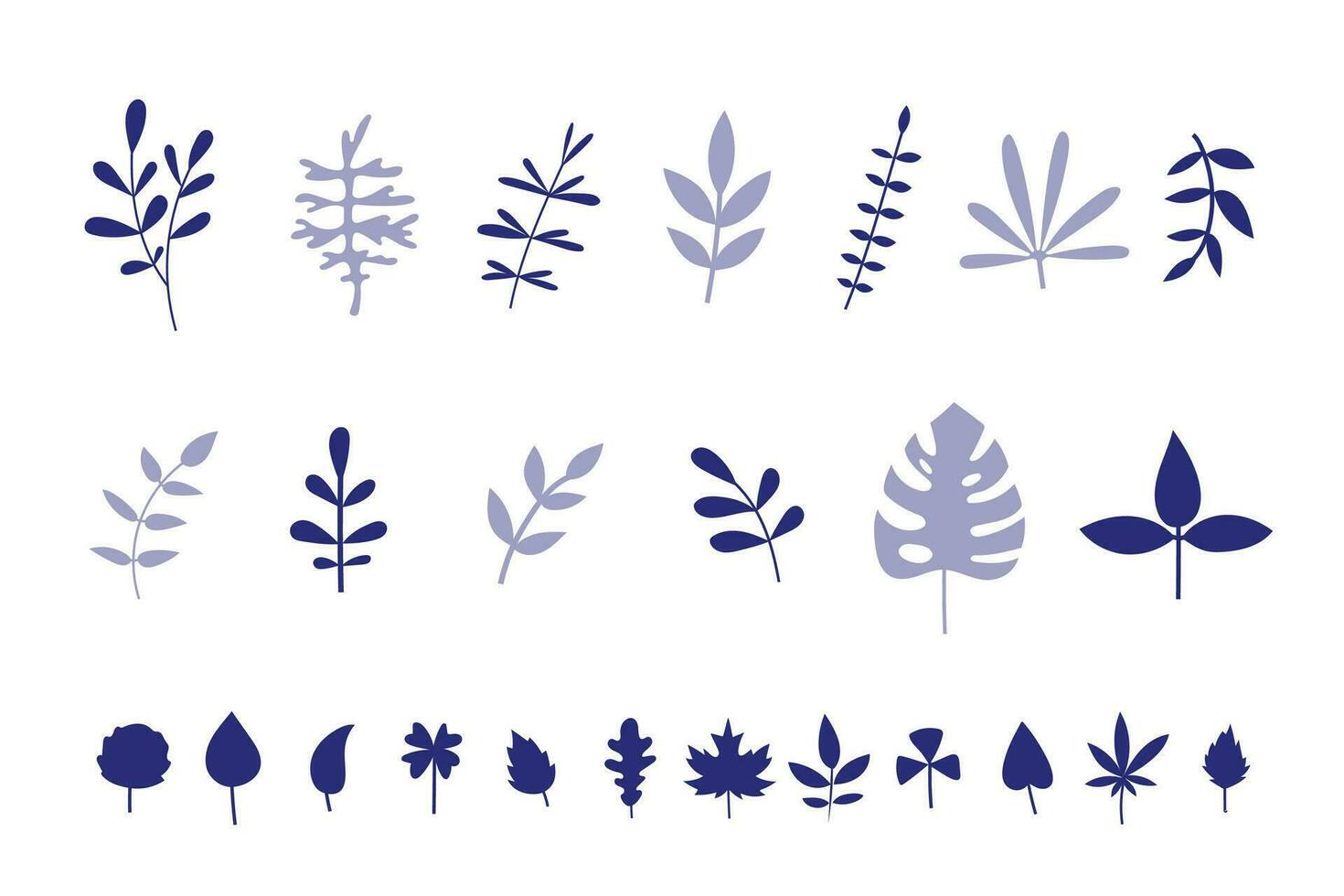 Set of silhouettes of leaves, palms, plants, flowers, monstera, cartoon style. Botanical exotic plants elements. Trendy modern vector illustration isolated on white background, hand drawn