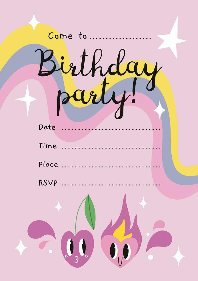 Birthday Party Invitation Card Template with funny comic cute characters and doodles, cherry and heart in love, cartoon style. Trendy modern vector illustration, hand drawn