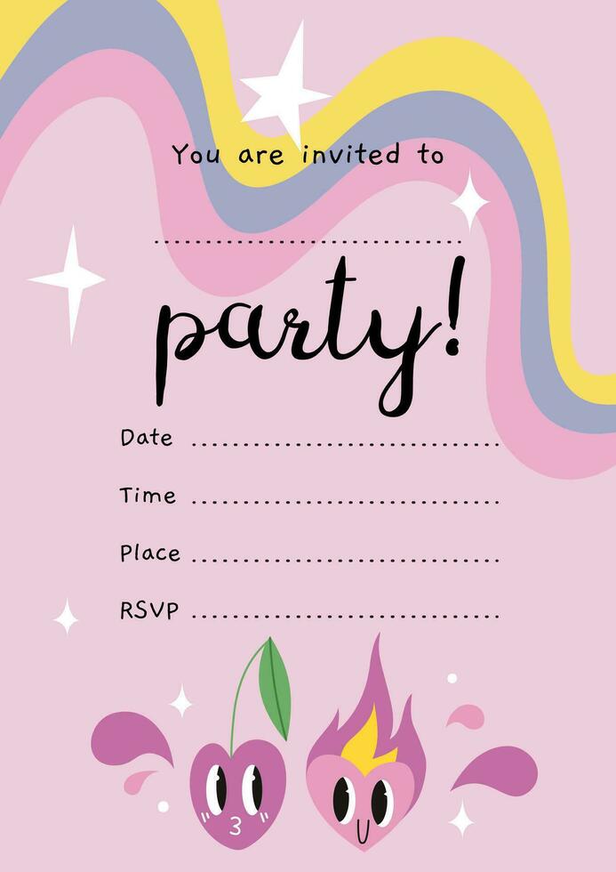 Party Invitation Card Template with funny comic cute characters and doodles, cherry and heart in love, cartoon style. Trendy modern vector illustration, hand drawn