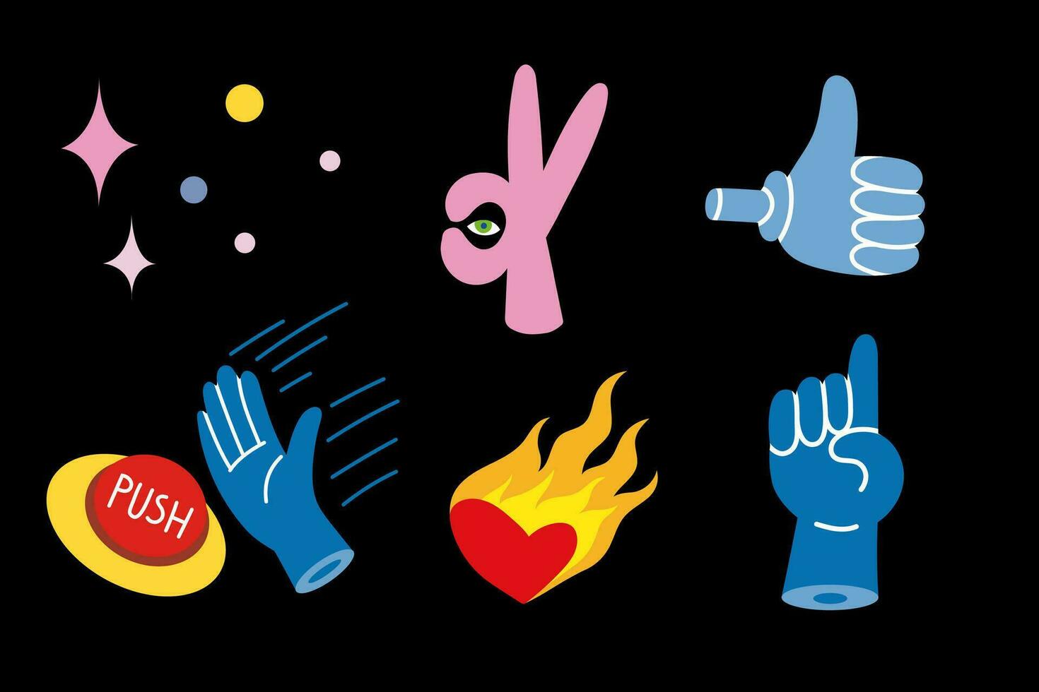 Set of colored Vector illustartions in Cartoon Flat design, hand gestures, burning heart.