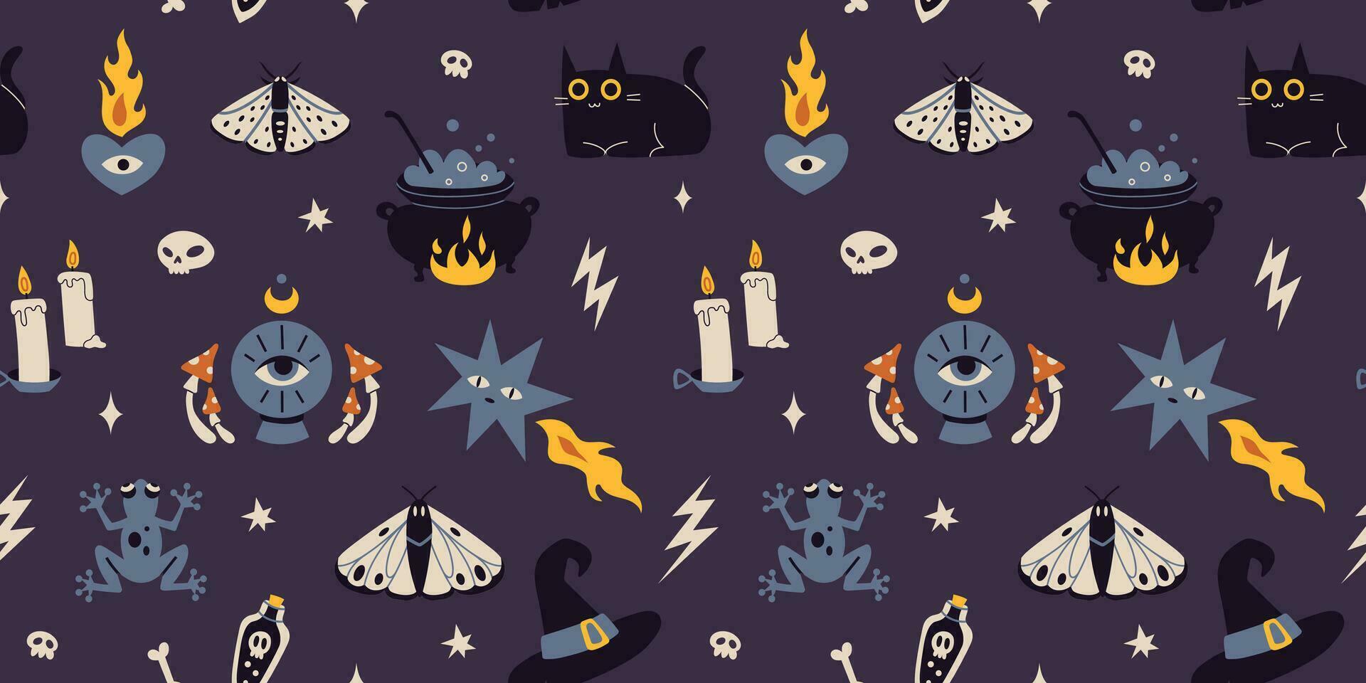 Seamless pattern with occult things, cartoon style. Witchcraft, withcore aesthetic. Bohemian mystical magic art. Happy Halloween. Trendy modern vector illustration, hand drawn, flat