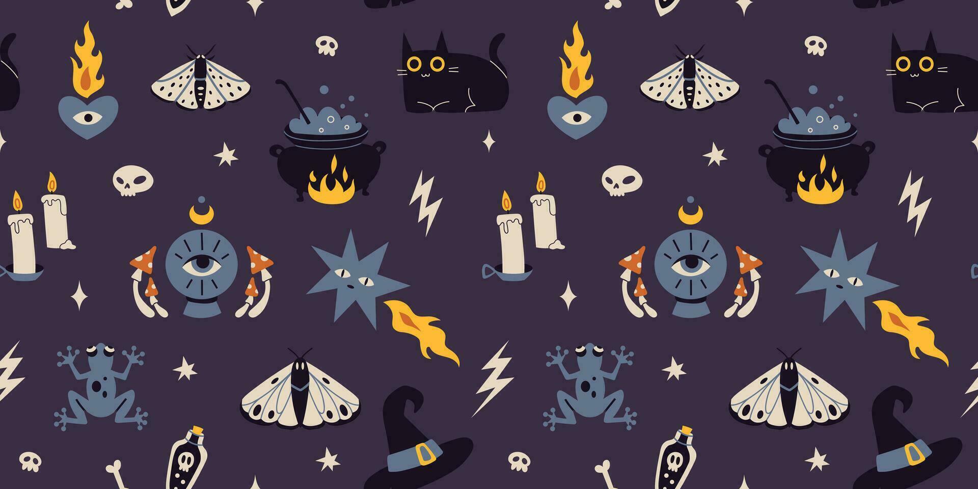 Seamless pattern with occult things, cartoon style. Witchcraft, withcore aesthetic. Bohemian mystical magic art. Happy Halloween. Trendy modern vector illustration, hand drawn, flat