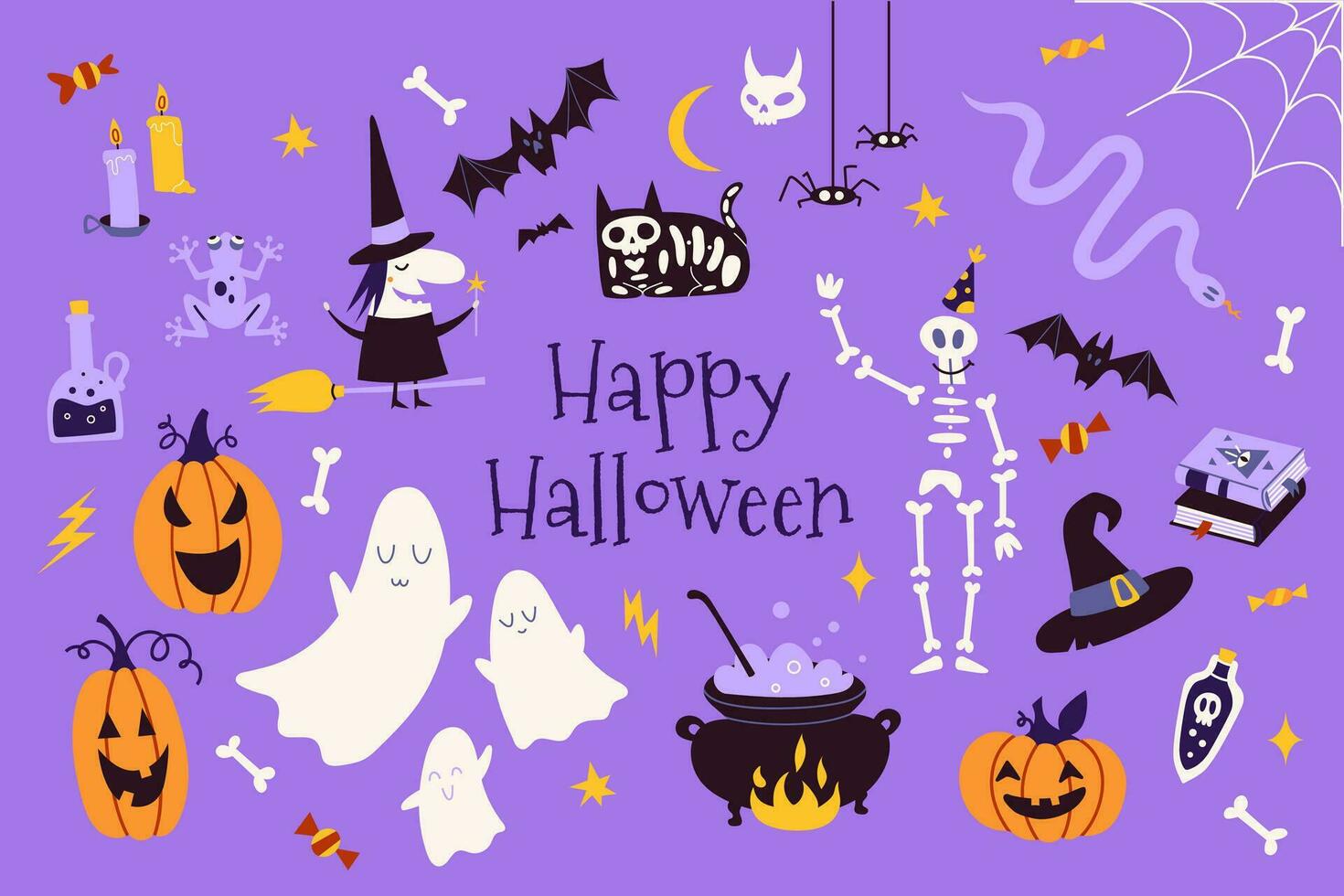 Happy Halloween set with pumpkins, bat, decoration elements. Bohemian mystical magic collection clip art. Trendy modern vector illustration, hand drawn, flat