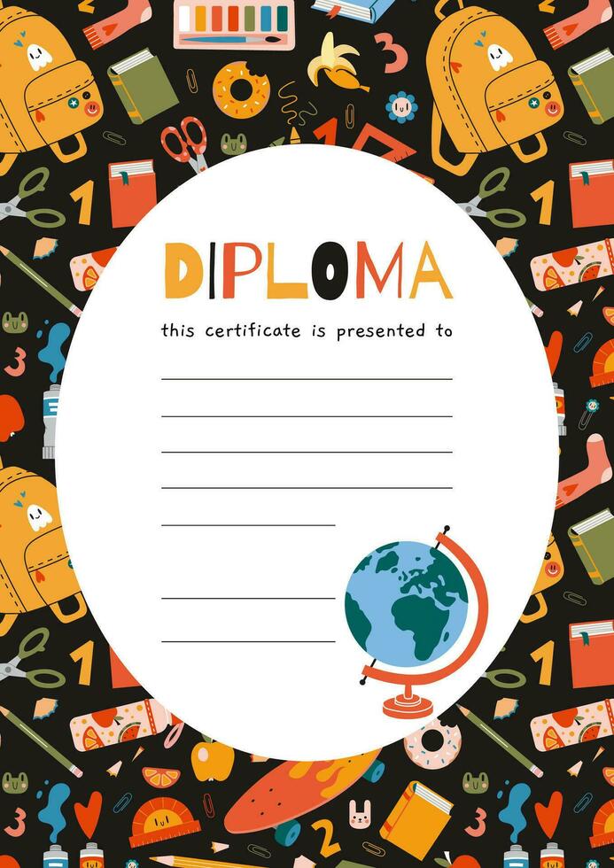 School diploma certificate for children and students with stationery and art supplies, cartoon style. Background with place for text. Trendy modern vector illustration, hand drawn, flat