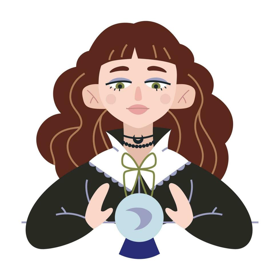 Fortune tellerss, urban witch in Victorian dress, cartoon style. Girl are telling the future by crystal ball. Witchcraft and supernatural powers. Trendy modern vector illustration, hand drawn
