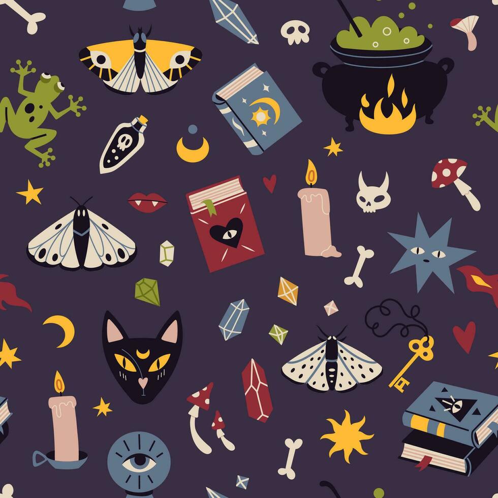 Seamless pattern with magic occult things like witch hat, cat, cauldron, cartoon style. Witchcraft, withcore aesthetic. Happy Halloween. Trendy modern vector illustration, hand drawn, flat