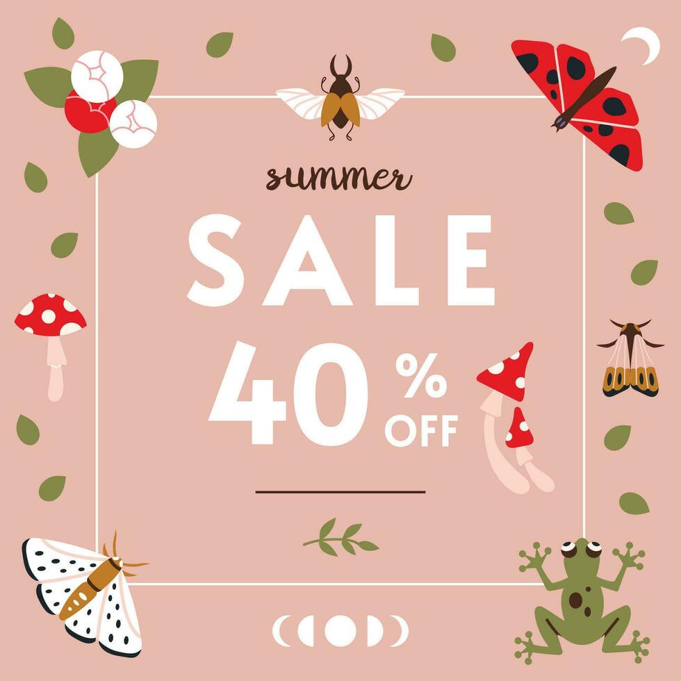 Summer sale cute banner template design, cartoon style. Discount promotion layout poster for web or social media, advertising, leaflets and flyers. Trendy vector illustration, hand drawn.