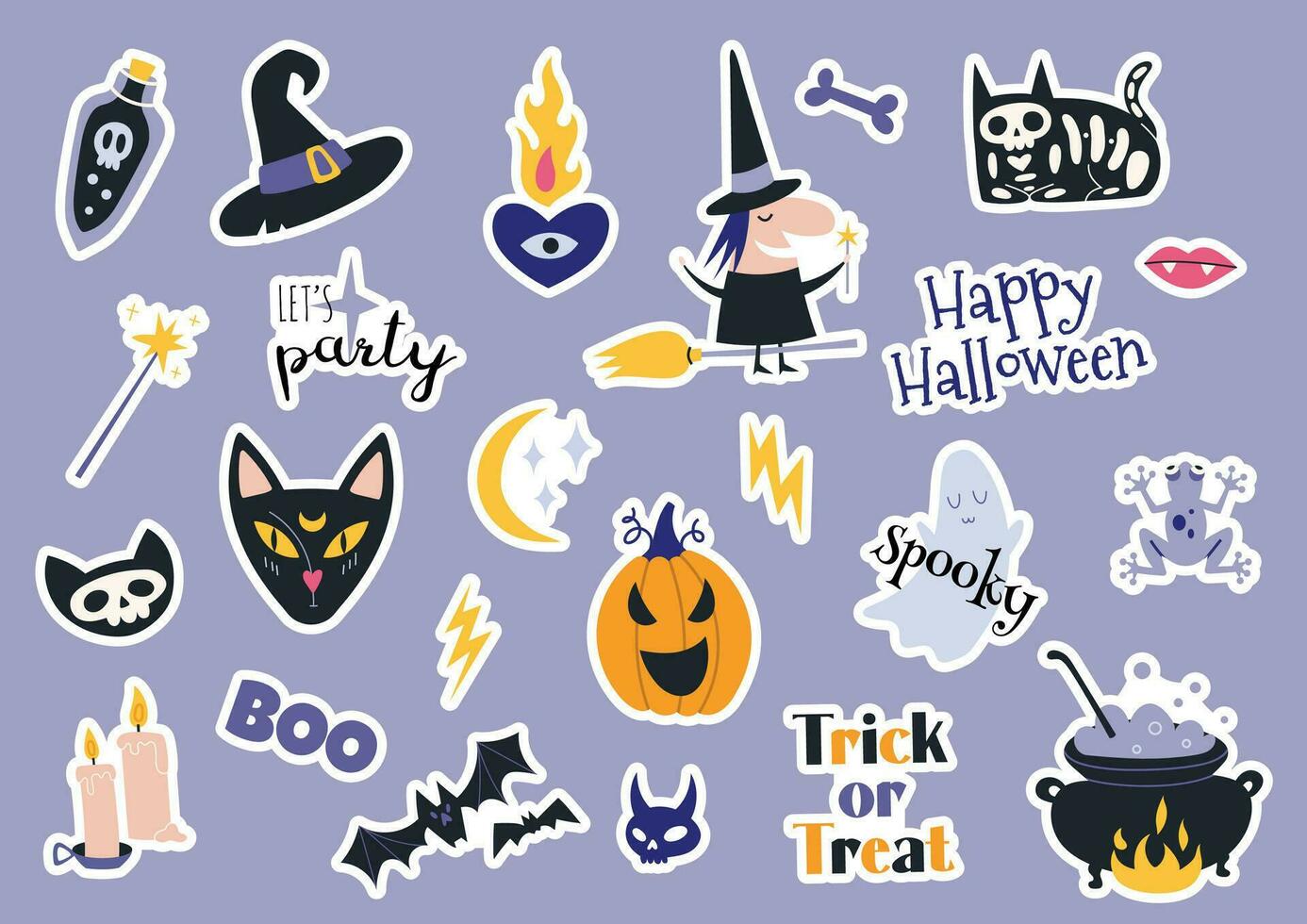 Happy Halloween stickerpack with pumpkins, bat, decoration elements. Bohemian mystical magic collection clip art. Sticker Style. Trendy modern vector illustration, hand drawn, flat
