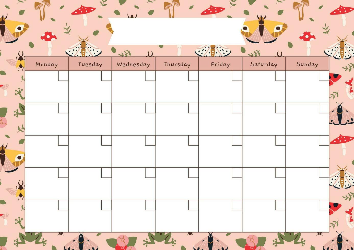 Cute monthly calendar template without numbers, summer vibe, cartoon style. Printable A4 paper sheet, planner for bullet journal page. Trendy modern vector illustration, hand drawn, flat.