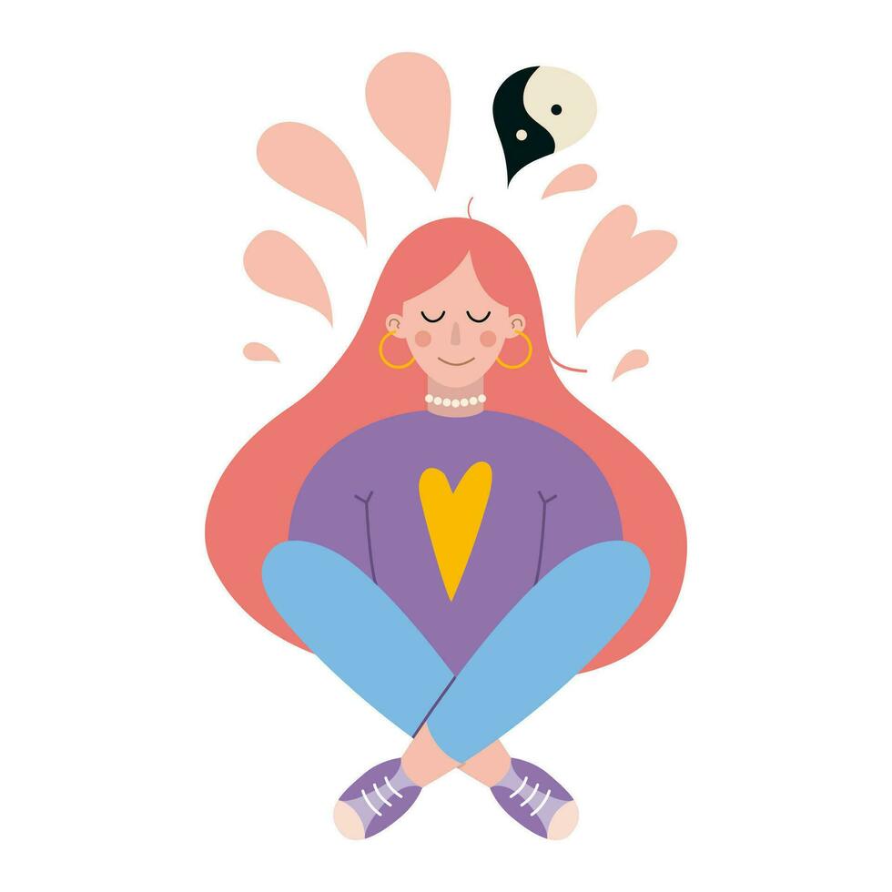 Woman meditating with closed eyes and croosed legs. Meditation practice. Concept of zen and harmony vector