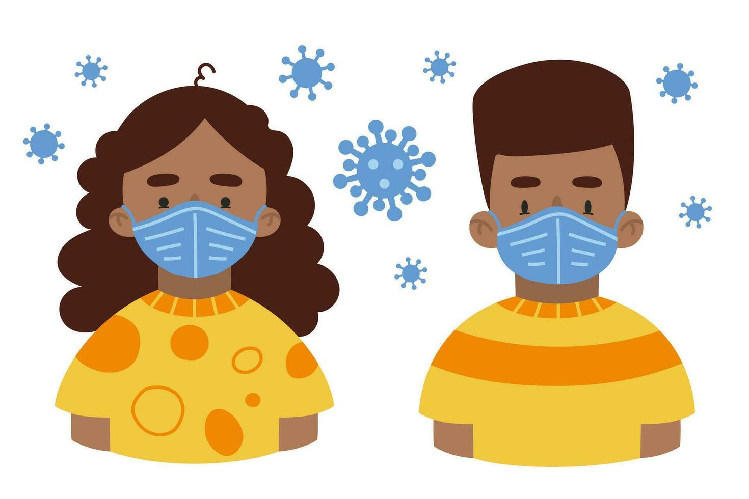 Boy and girl with mask.  African american Children in medical masks for protect disease, flu, smog and covid-19. vector