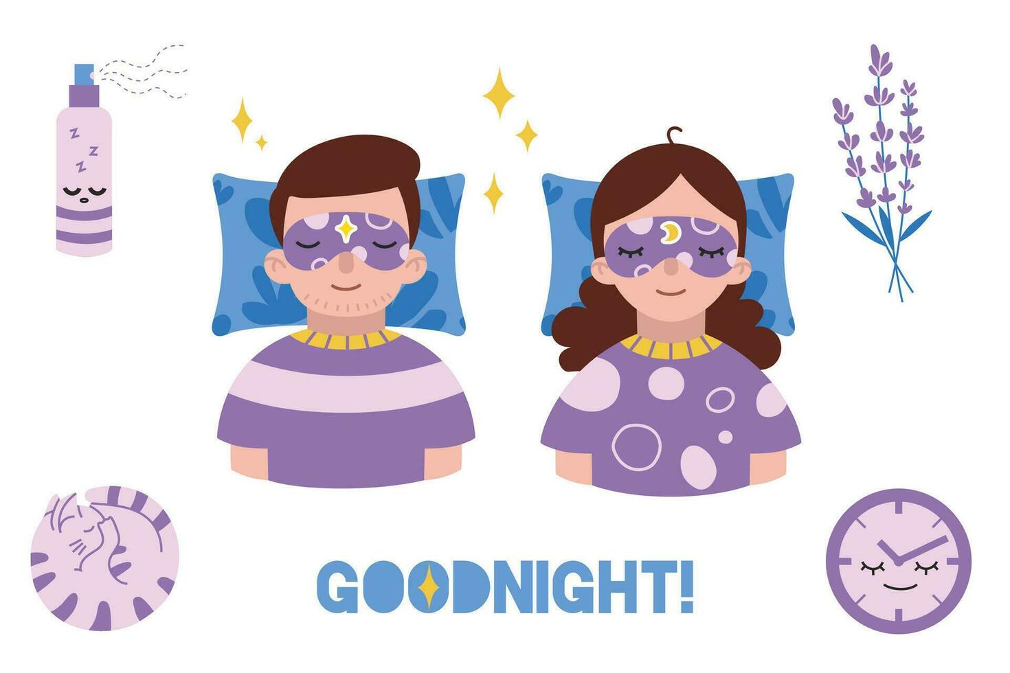 Sleep boy and girl in bed with sleeping mask. Help for falling asleep concept. vector