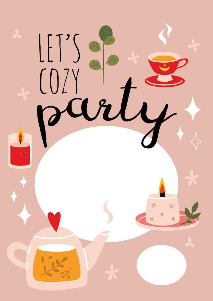 Let's cozy party. Party Invitation Card Template with candles, teapot and mug, cartoon style. Trendy modern vector illustration, hand drawn, flat