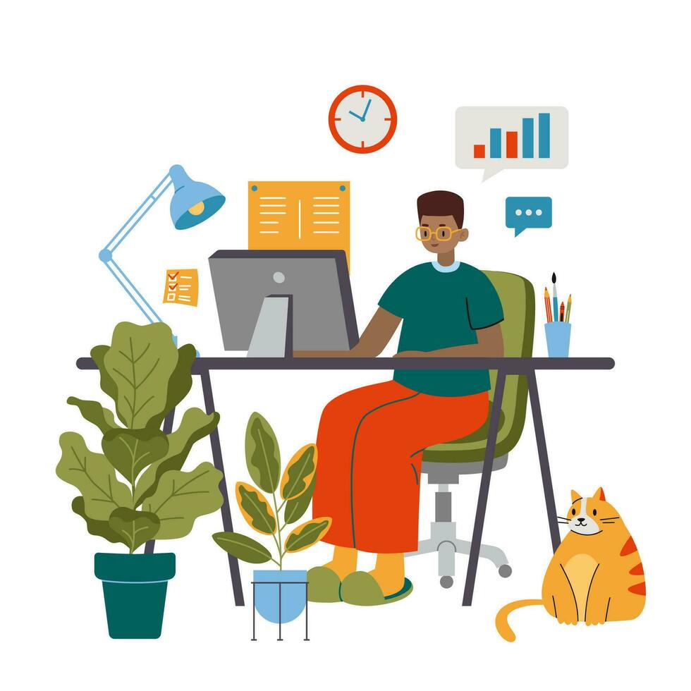 African American business man working on computer at the desk, cute cozy home workplace, cartoon style. Online career, self employed concept.  Trendy modern vector illustration, flat