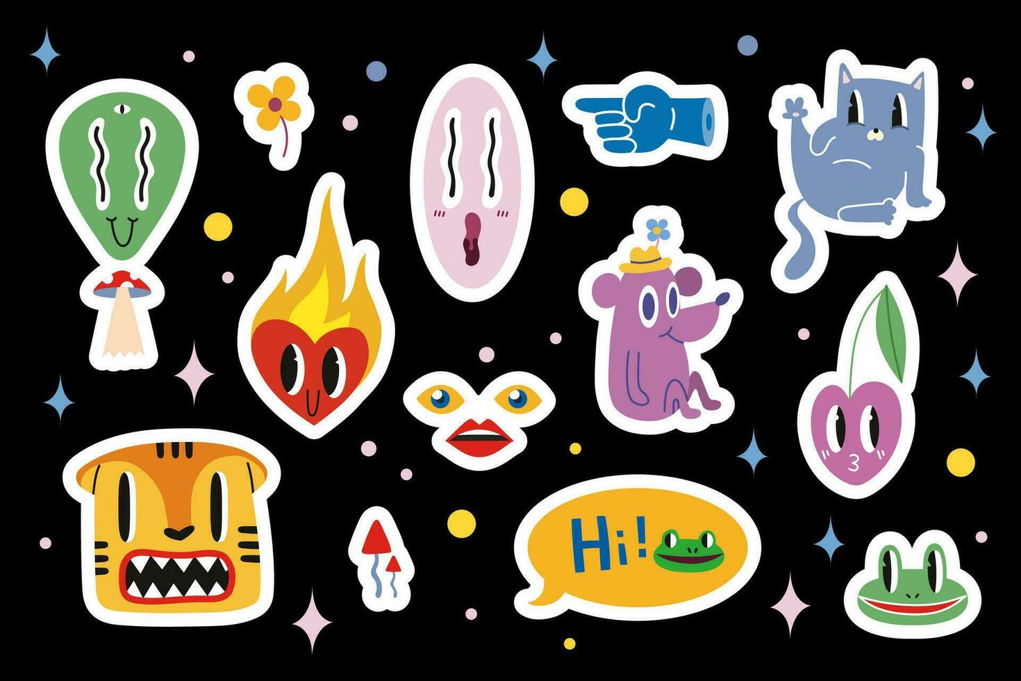 Stickerpack with various funny comic cute characters and doodles such as tiger, cherry, alien, burning heart. Vector illustration in Cartoon Flat design. Trendy modern design. Sticker style