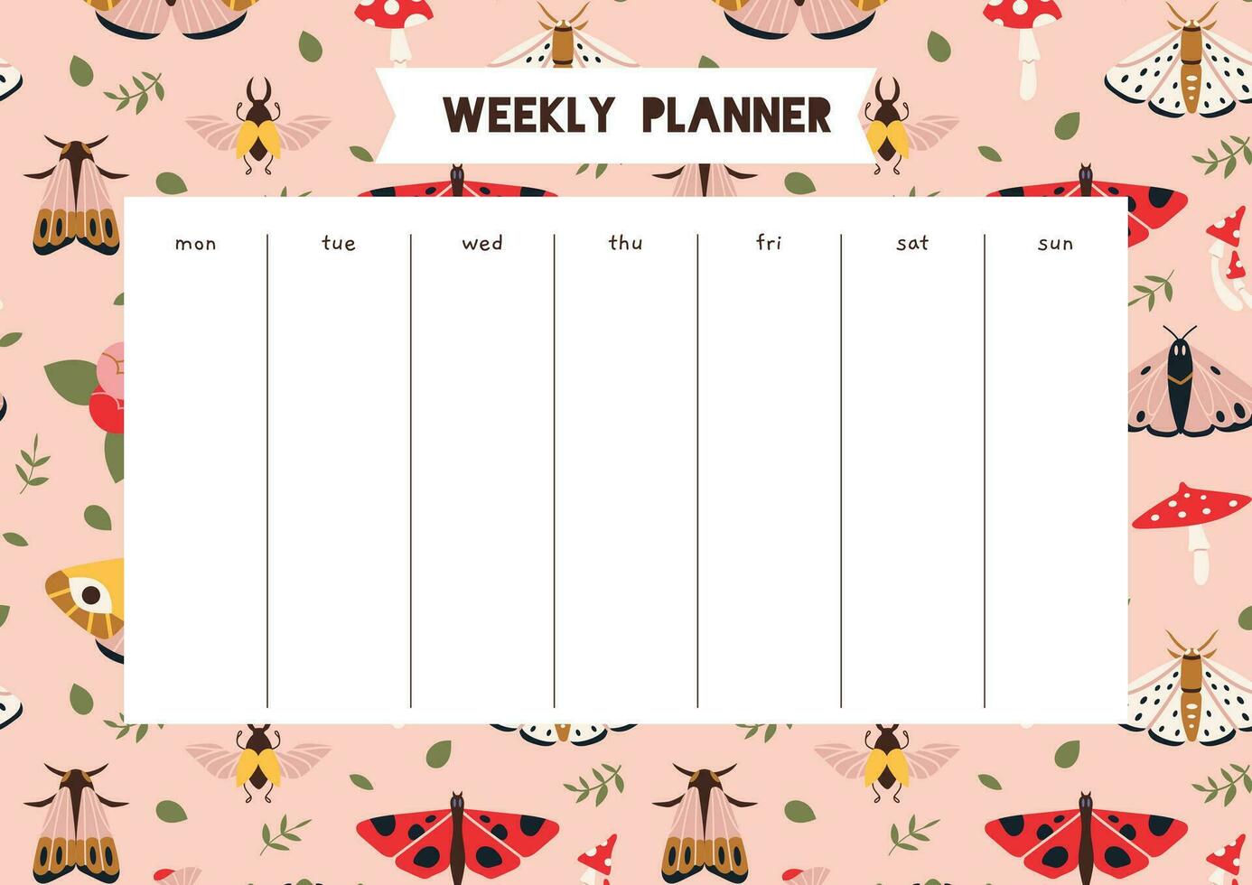 Cute weekly planner with summer vibe, moth, mushrooms, plants, cartoon style. Schedule for 7 days. Trendy modern vector illustration, hand drawn, flat