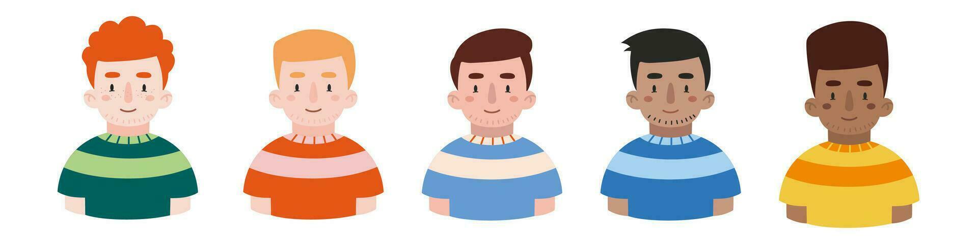 Avatars of multi ethnic boys European, Korean, Indian, African-American, Scandinavian, diversity concept. vector