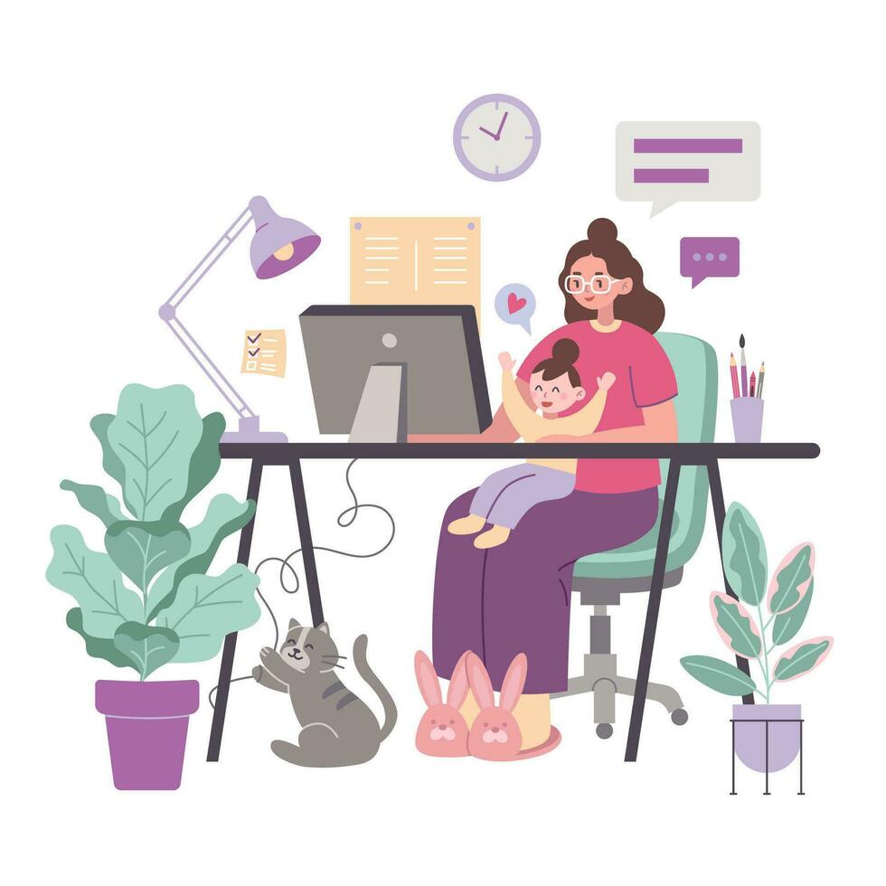 Woman freelancer with child, cartoon style. Business Mom holding baby and working on computer at home. Maternity and career, online education. Trendy modern vector illustration