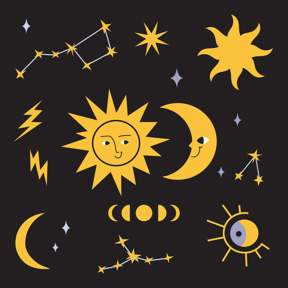 Sun and moon, constellations, phases of the moon, cartoon style. Cute character. Trendy modern vector illustration, hand drawn