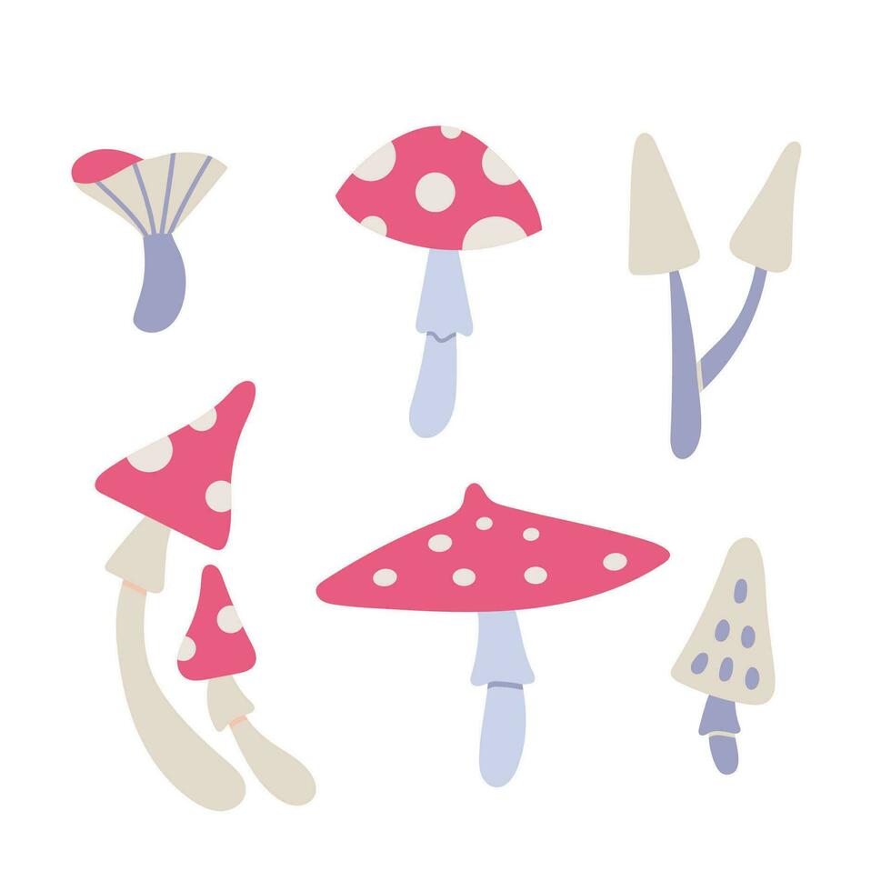 Poisonous mushrooms, toadstools, fly agaric, cartoon style. Trendy modern vector illustration isolated on white background, hand drawn