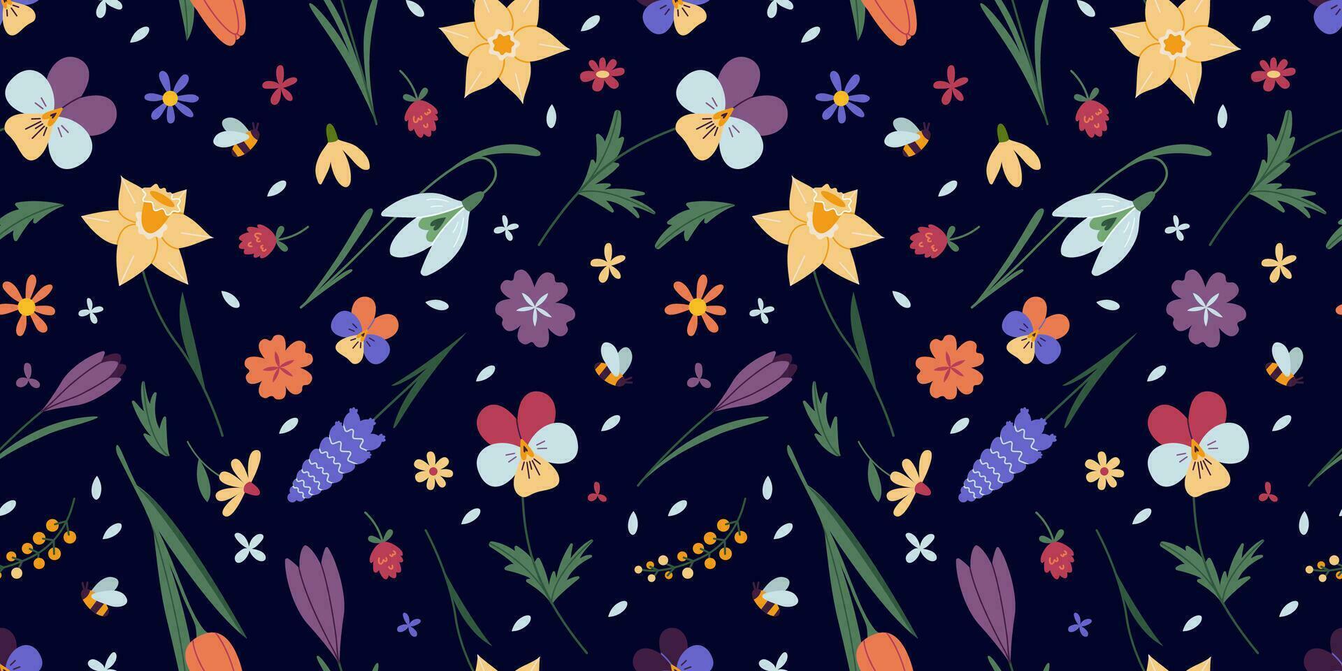 Seamless pattern with various spring flowers, floral design on dark background, cartoon style. Trendy modern vector illustration, hand drawn, flat